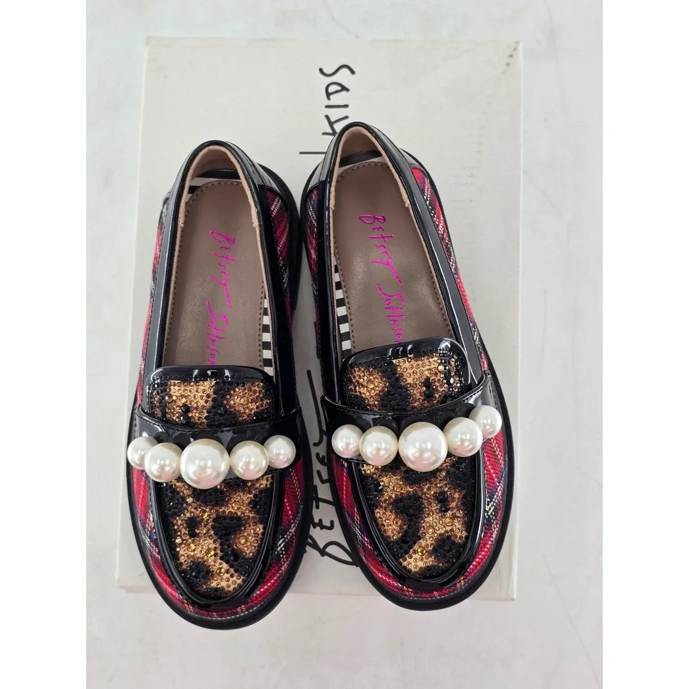 Betsey Johnson Harlo Loafers Kids 13 Red Plaid Leopard Pearl - Excellent